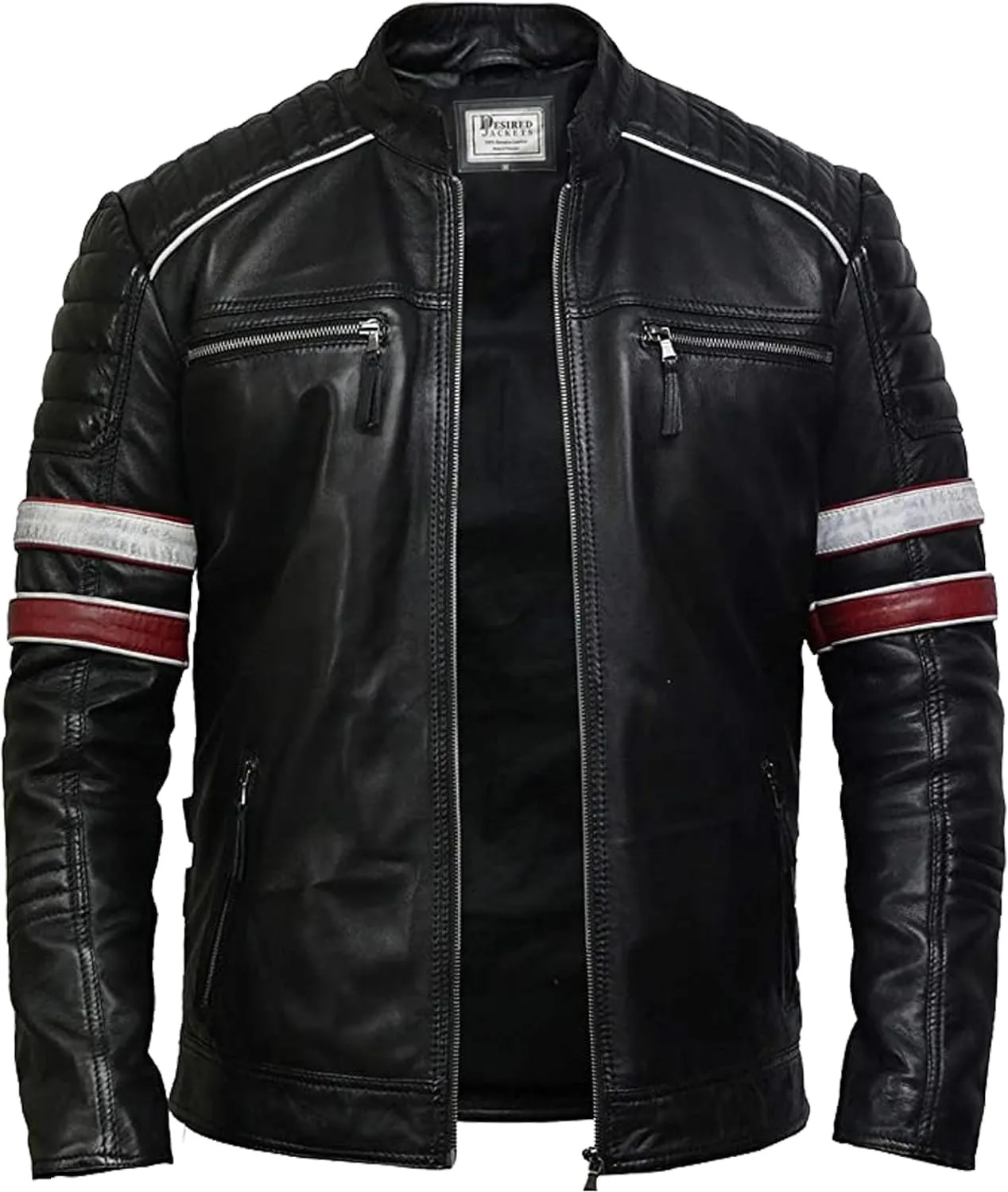 Red/BlackLeather Jacket for Men - Genuine Sheepskin Cafe Racer Motorcycle Jacket with Striking Red & White Stripes