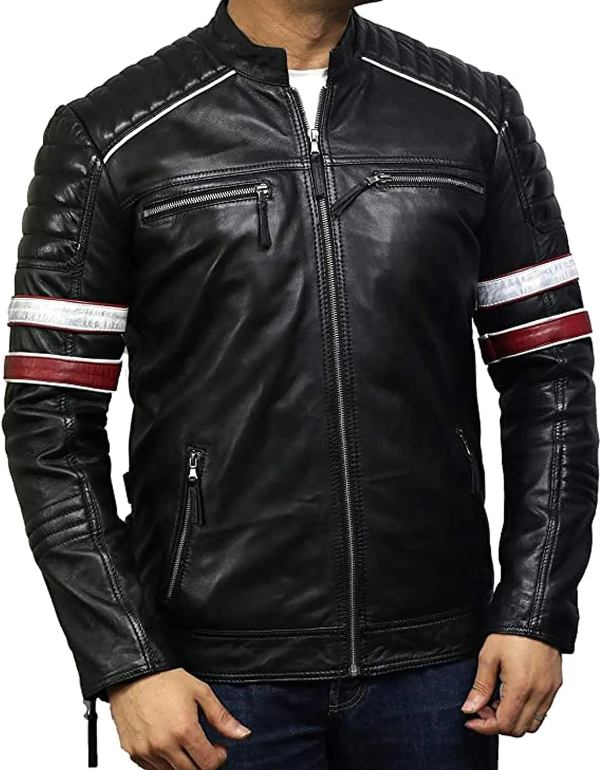 Red/BlackLeather Jacket for Men - Genuine Sheepskin Cafe Racer Motorcycle Jacket with Striking Red & White Stripes