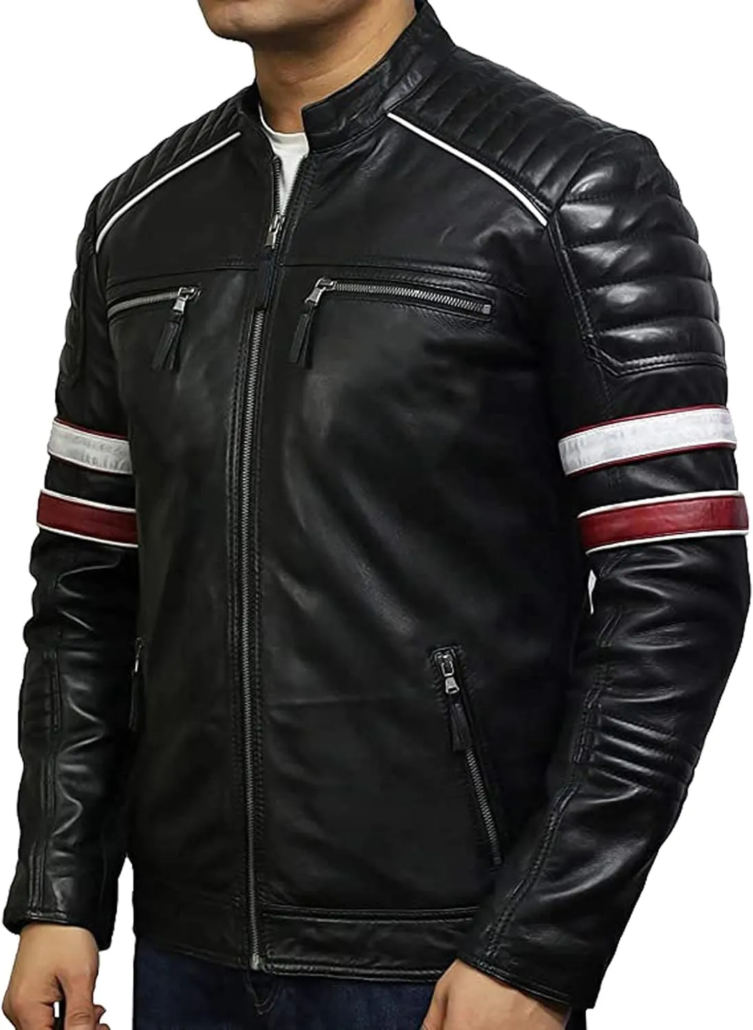 Red/BlackLeather Jacket for Men - Genuine Sheepskin Cafe Racer Motorcycle Jacket with Striking Red & White Stripes