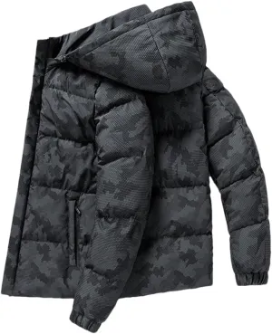 REHJJDFD Men Puffer Jacket Casual Thick Winter Jacket Warm Parkas Hooded Coat Outwear Solid Cotton-Padded Top