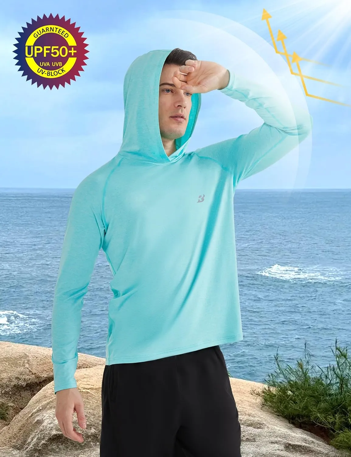 Roadbox Men's UPF 50  Fishing Shirts, Long Sleeve UV Sun Protection SPF Hoodie, Quick Dry Swim Rash Guard for Outdoor Hiking