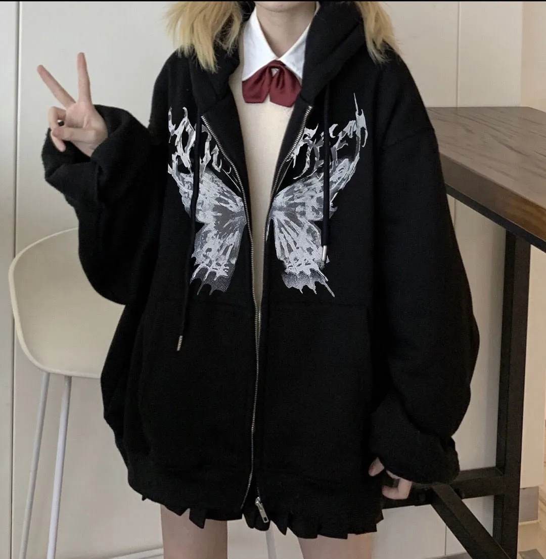 Romildi Harajuku Y2K Autumn Female Hooded Sweatshirt Zipper Butterfly Print Long Sleeve Loose print Women Hoodies Coats plus size women