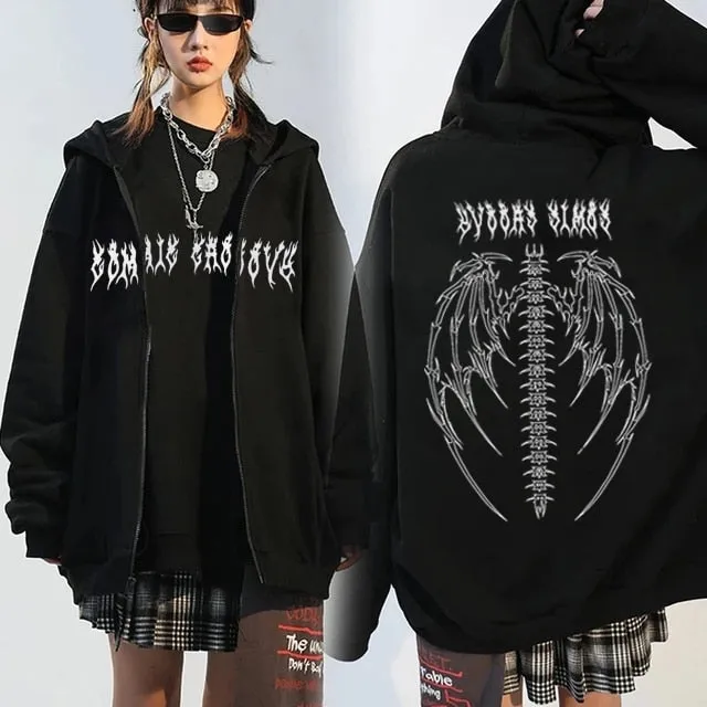 Romildi Harajuku Y2K Autumn Female Hooded Sweatshirt Zipper Butterfly Print Long Sleeve Loose print Women Hoodies Coats plus size women