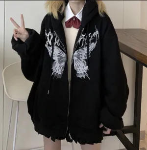 Romildi Harajuku Y2K Autumn Female Hooded Sweatshirt Zipper Butterfly Print Long Sleeve Loose print Women Hoodies Coats plus size women