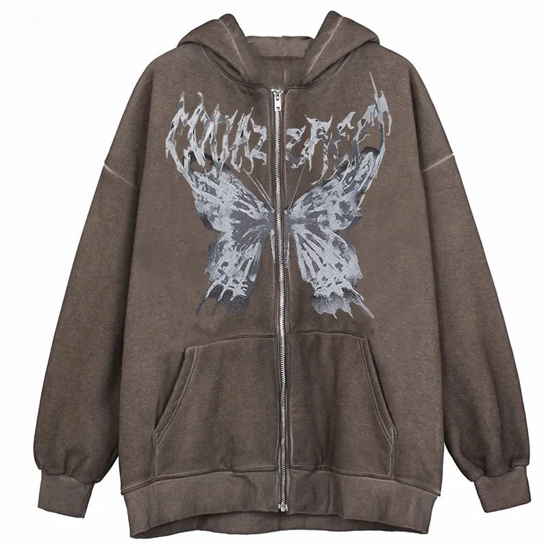 Romildi Harajuku Y2K Autumn Female Hooded Sweatshirt Zipper Butterfly Print Long Sleeve Loose print Women Hoodies Coats plus size women