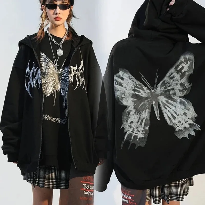 Romildi Harajuku Y2K Autumn Female Hooded Sweatshirt Zipper Butterfly Print Long Sleeve Loose print Women Hoodies Coats plus size women