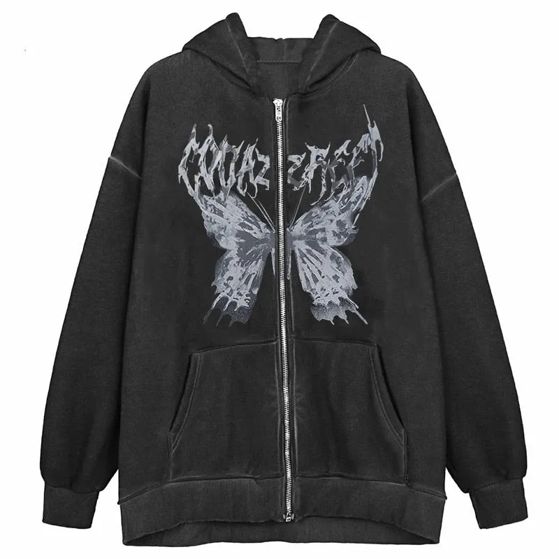 Romildi Harajuku Y2K Autumn Female Hooded Sweatshirt Zipper Butterfly Print Long Sleeve Loose print Women Hoodies Coats plus size women