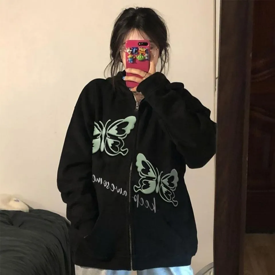 Romildi Harajuku Y2K Autumn Female Hooded Sweatshirt Zipper Butterfly Print Long Sleeve Loose print Women Hoodies Coats plus size women