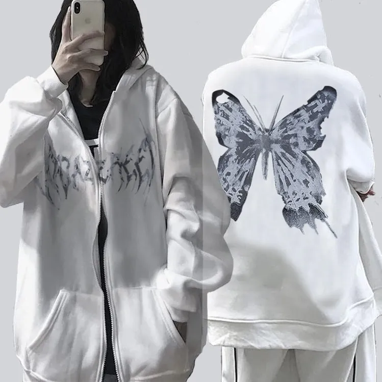 Romildi Harajuku Y2K Autumn Female Hooded Sweatshirt Zipper Butterfly Print Long Sleeve Loose print Women Hoodies Coats plus size women