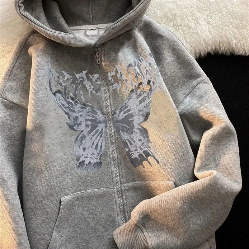 Romildi Harajuku Y2K Autumn Female Hooded Sweatshirt Zipper Butterfly Print Long Sleeve Loose print Women Hoodies Coats plus size women