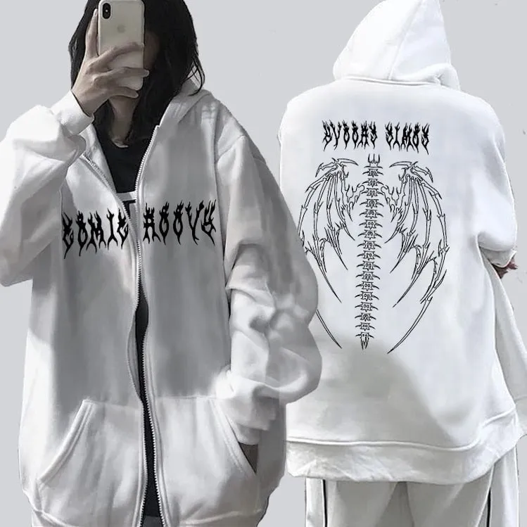 Romildi Harajuku Y2K Autumn Female Hooded Sweatshirt Zipper Butterfly Print Long Sleeve Loose print Women Hoodies Coats plus size women