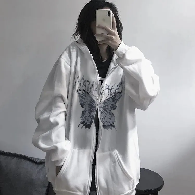 Romildi Harajuku Y2K Autumn Female Hooded Sweatshirt Zipper Butterfly Print Long Sleeve Loose print Women Hoodies Coats plus size women