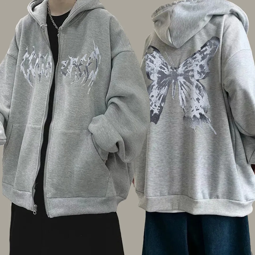 Romildi Harajuku Y2K Autumn Female Hooded Sweatshirt Zipper Butterfly Print Long Sleeve Loose print Women Hoodies Coats plus size women
