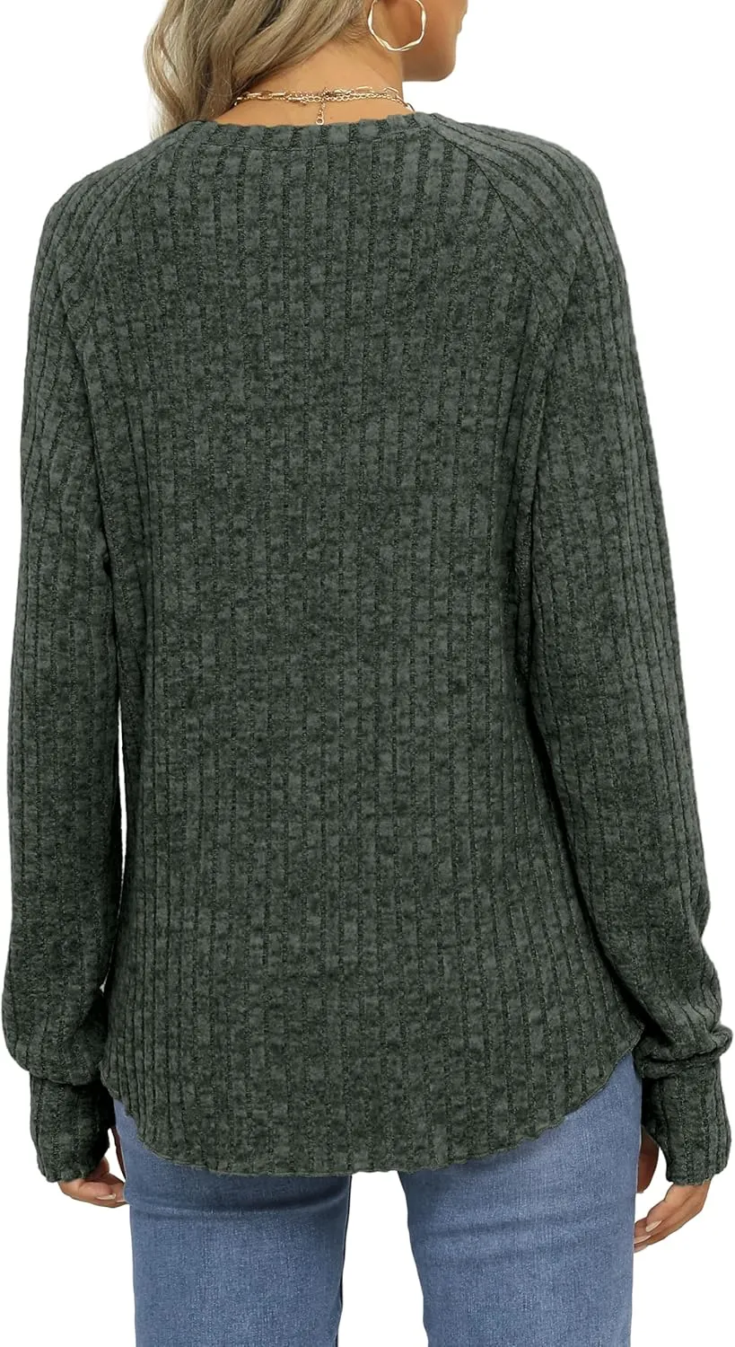 Saloogoe Women's Long Sleeve Top Crewneck Basic Lightweight Fall Shirt with Thumb Hole