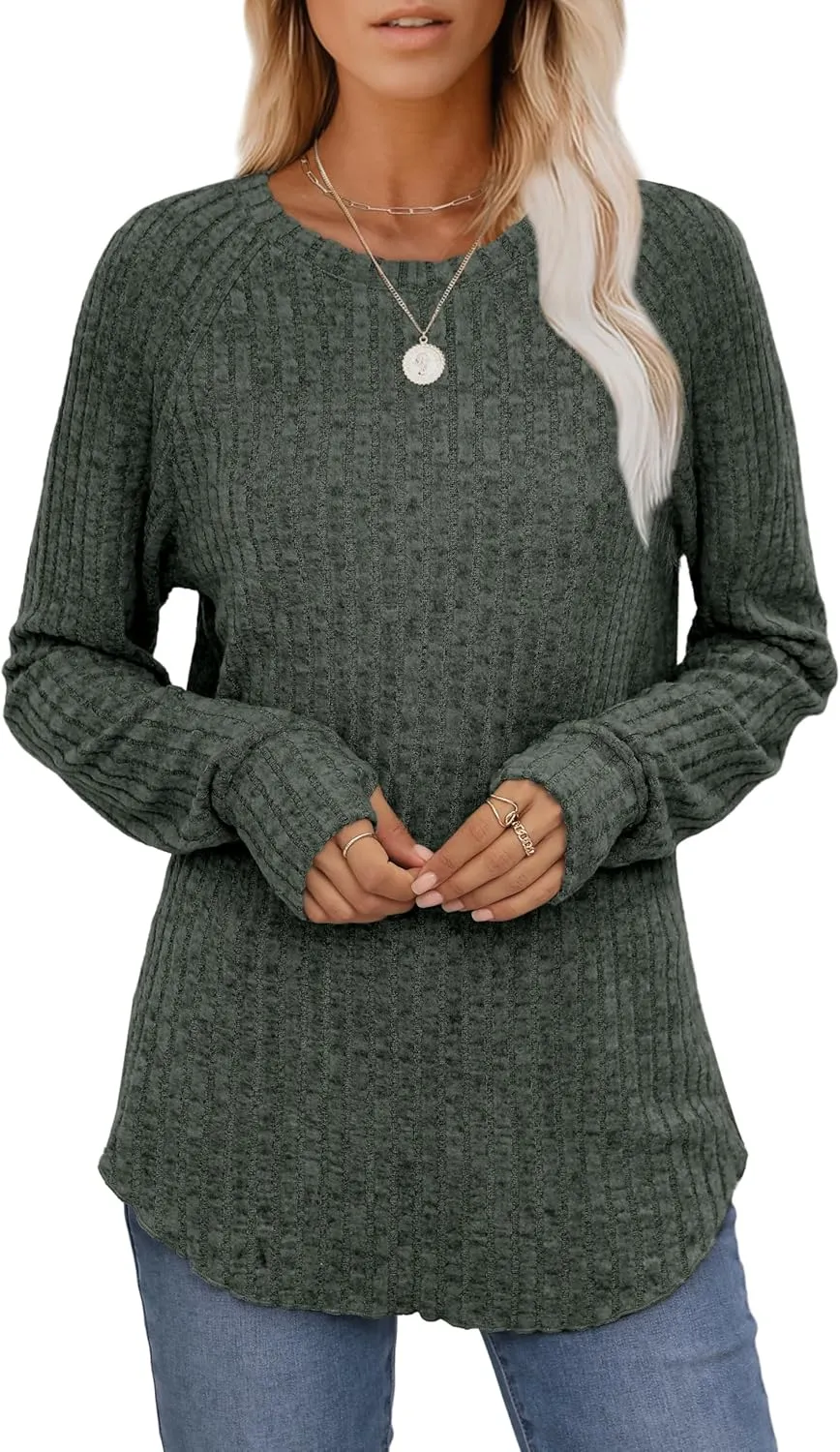 Saloogoe Women's Long Sleeve Top Crewneck Basic Lightweight Fall Shirt with Thumb Hole
