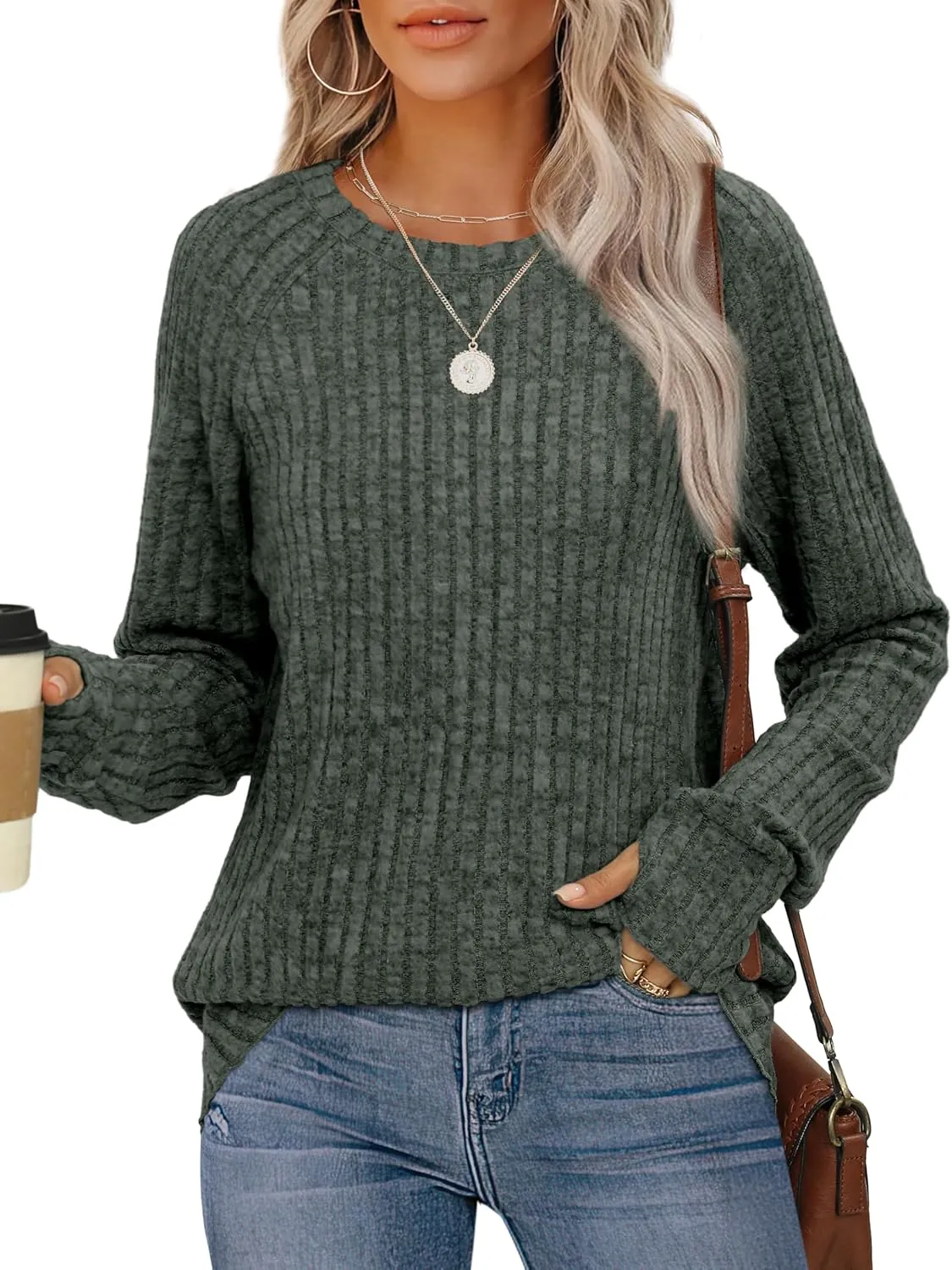 Saloogoe Women's Long Sleeve Top Crewneck Basic Lightweight Fall Shirt with Thumb Hole