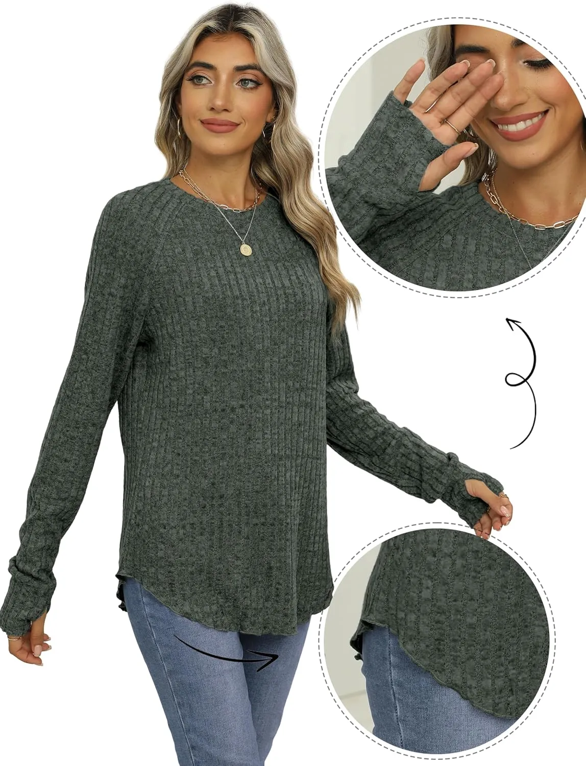 Saloogoe Women's Long Sleeve Top Crewneck Basic Lightweight Fall Shirt with Thumb Hole