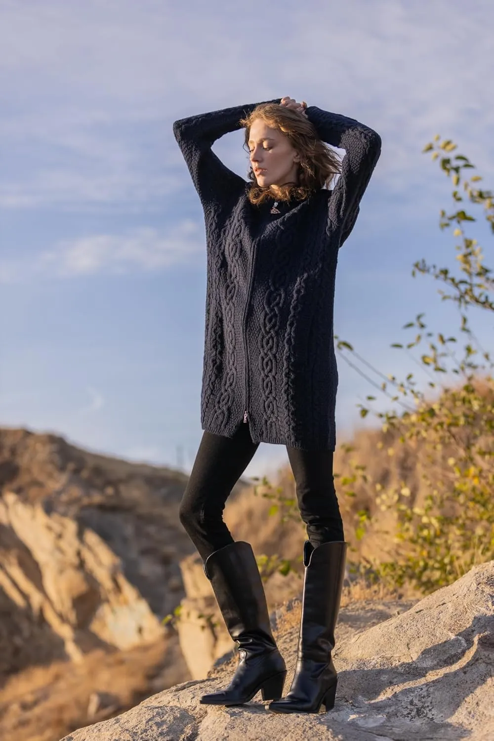 SAOL 100% Merino Wool Aran Irish Cardigan for Women with Pockets, Hood and Celtic Zipper