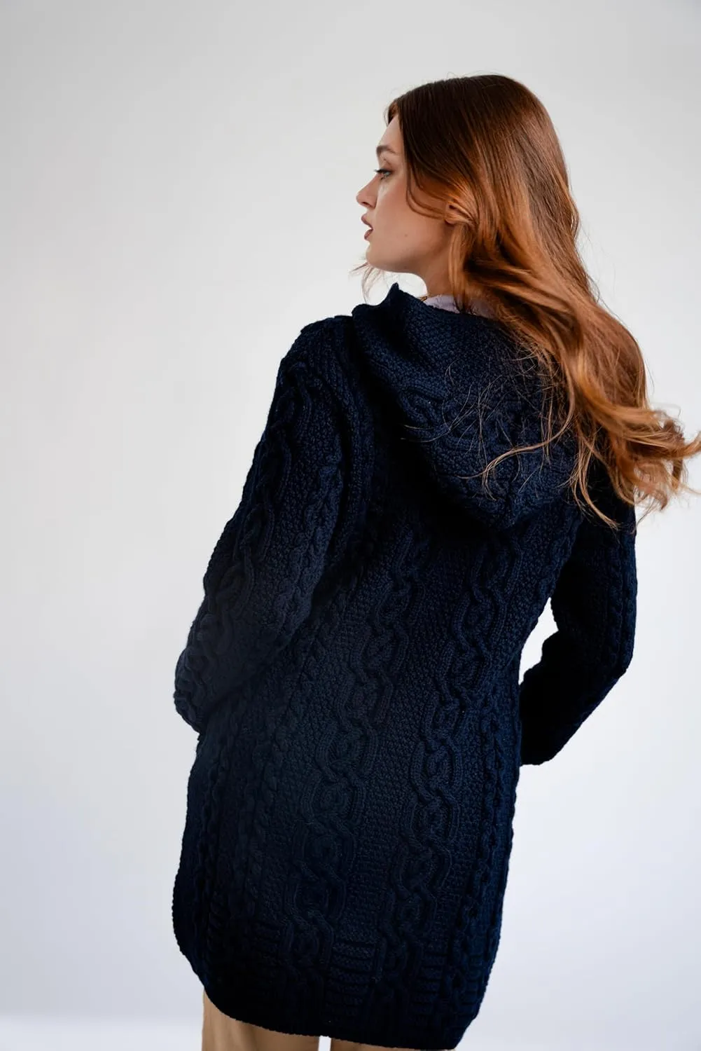 SAOL 100% Merino Wool Aran Irish Cardigan for Women with Pockets, Hood and Celtic Zipper