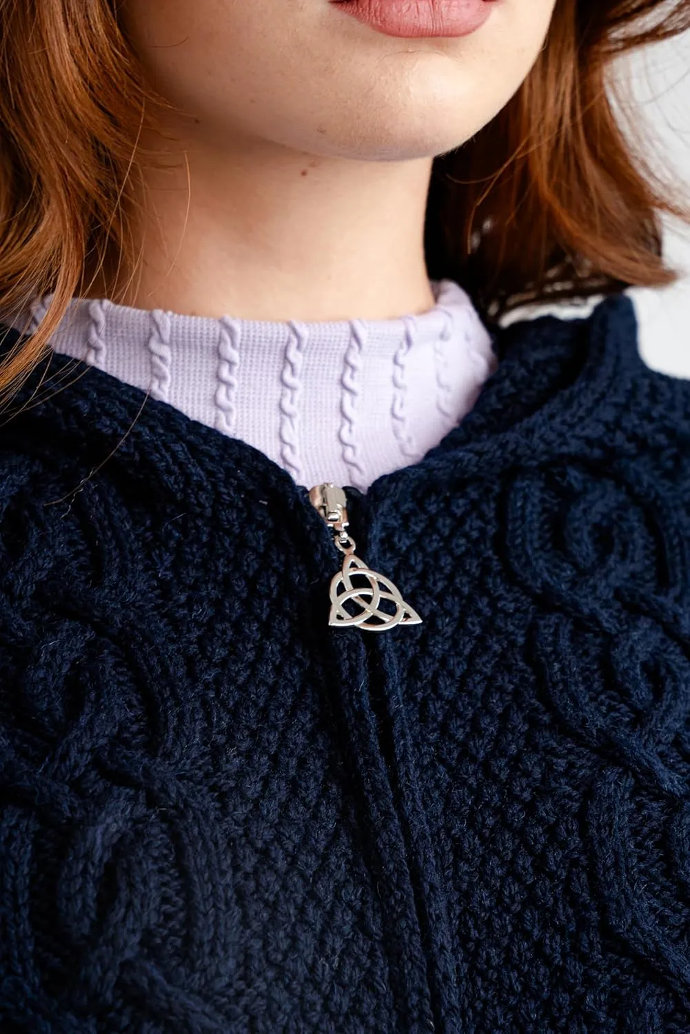 SAOL 100% Merino Wool Aran Irish Cardigan for Women with Pockets, Hood and Celtic Zipper