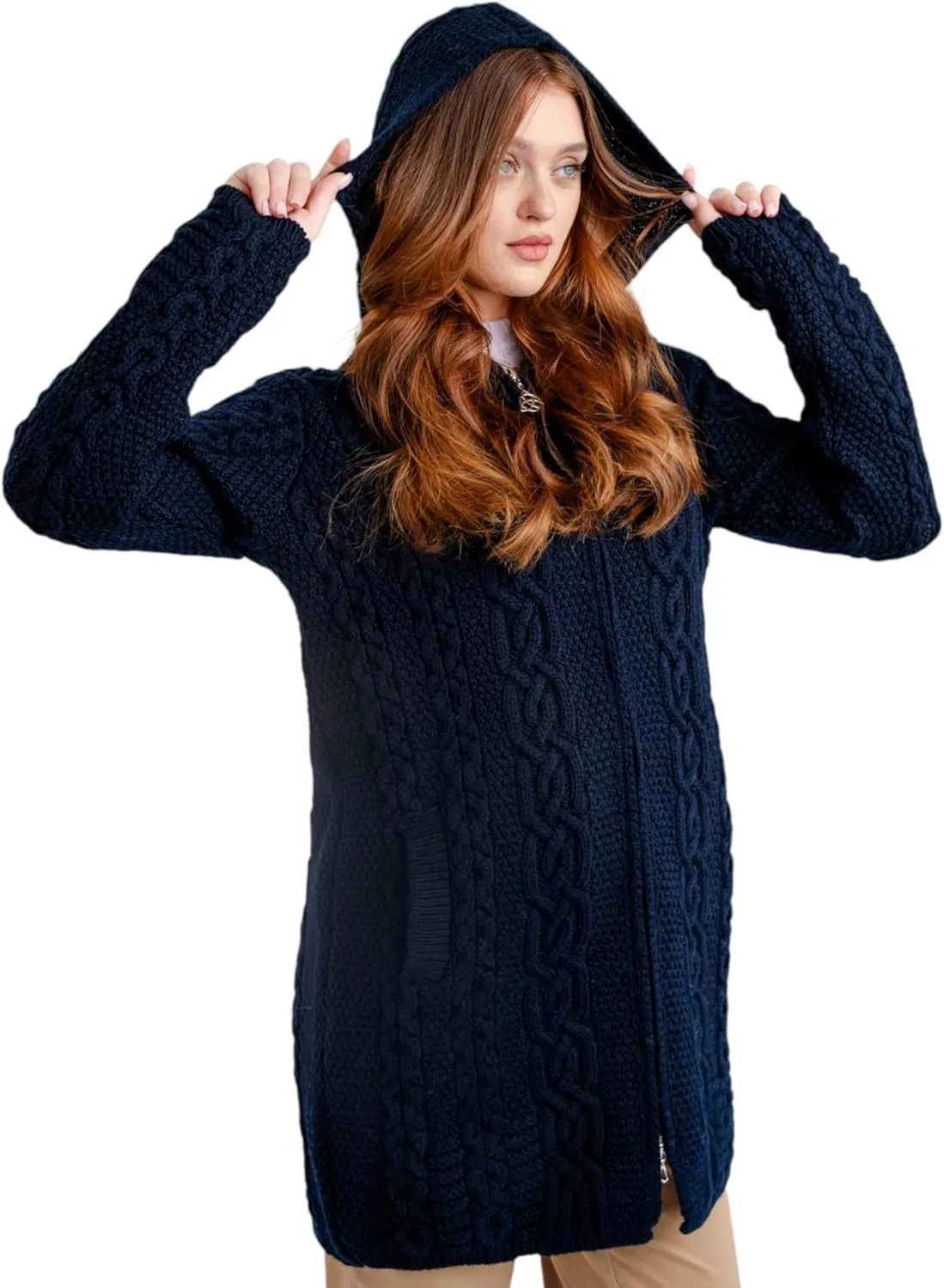 SAOL 100% Merino Wool Aran Irish Cardigan for Women with Pockets, Hood and Celtic Zipper
