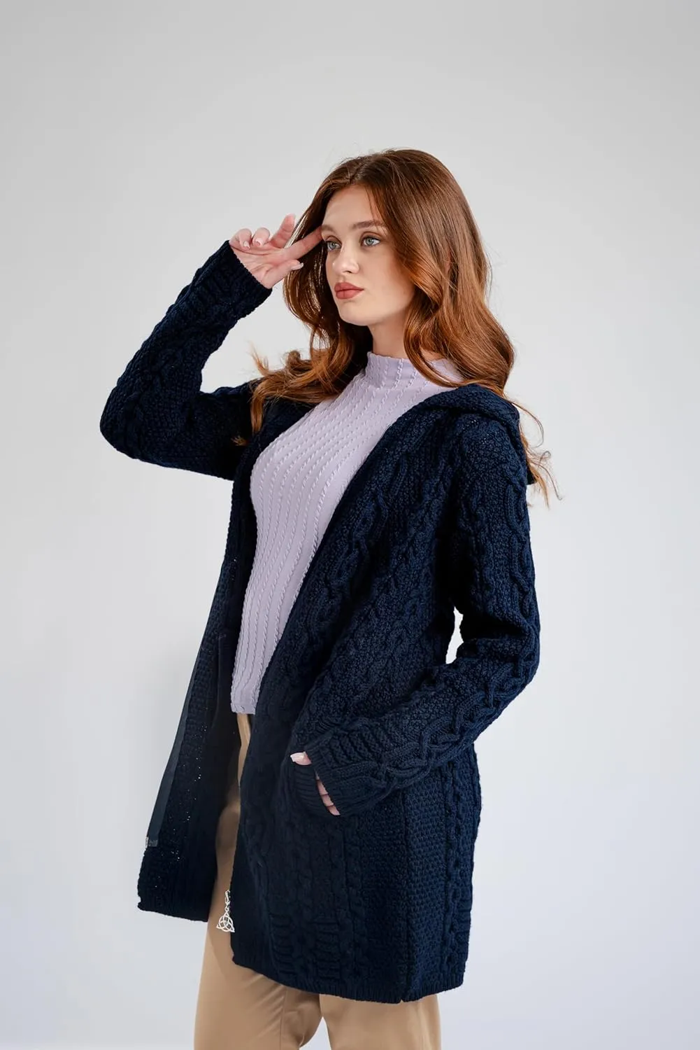 SAOL 100% Merino Wool Aran Irish Cardigan for Women with Pockets, Hood and Celtic Zipper