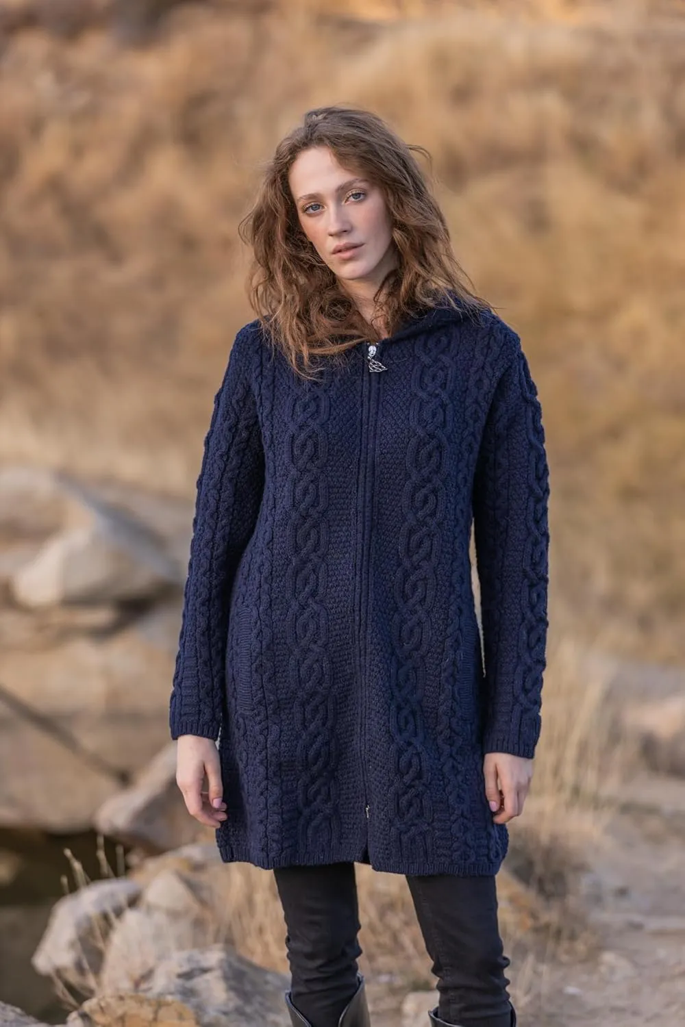 SAOL 100% Merino Wool Aran Irish Cardigan for Women with Pockets, Hood and Celtic Zipper