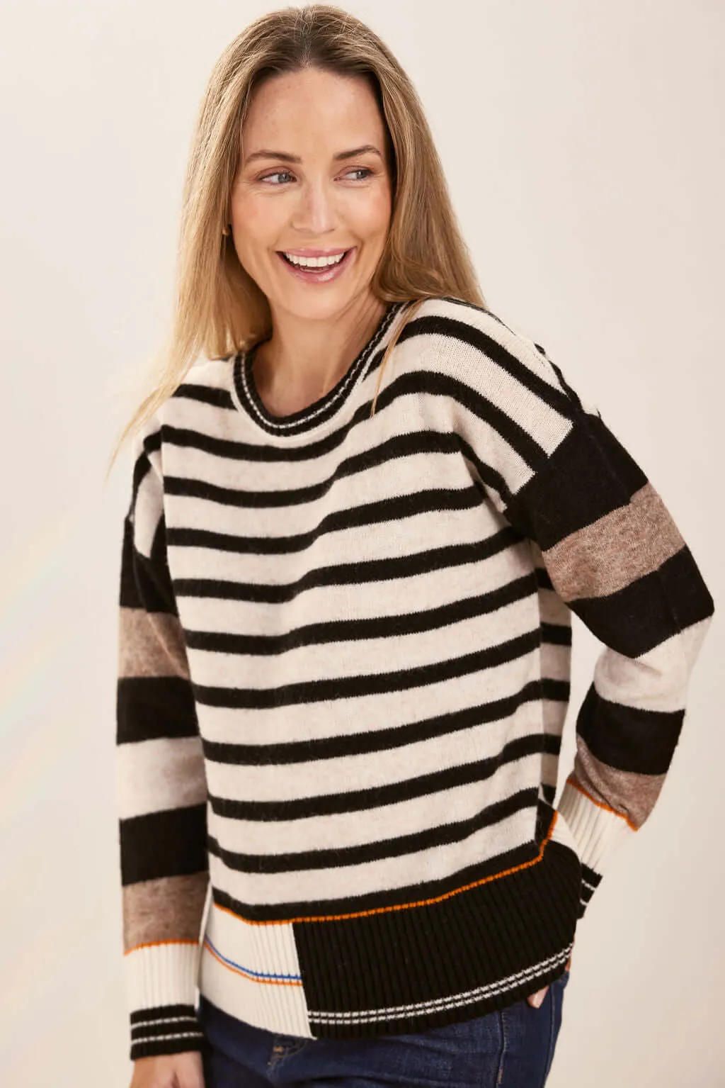 See Saw Stripe Sweater in Black Oat Marle