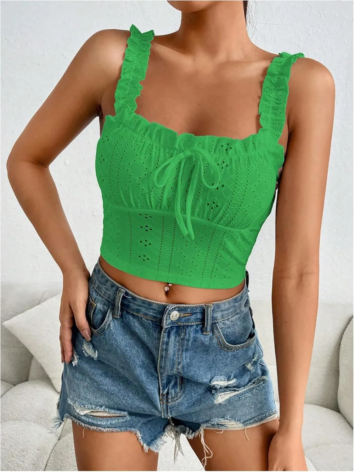 SHENHE Women's Spaghetti Strap Eyelet Embroidery Summer Sleeveless Crop Tank Cute Top