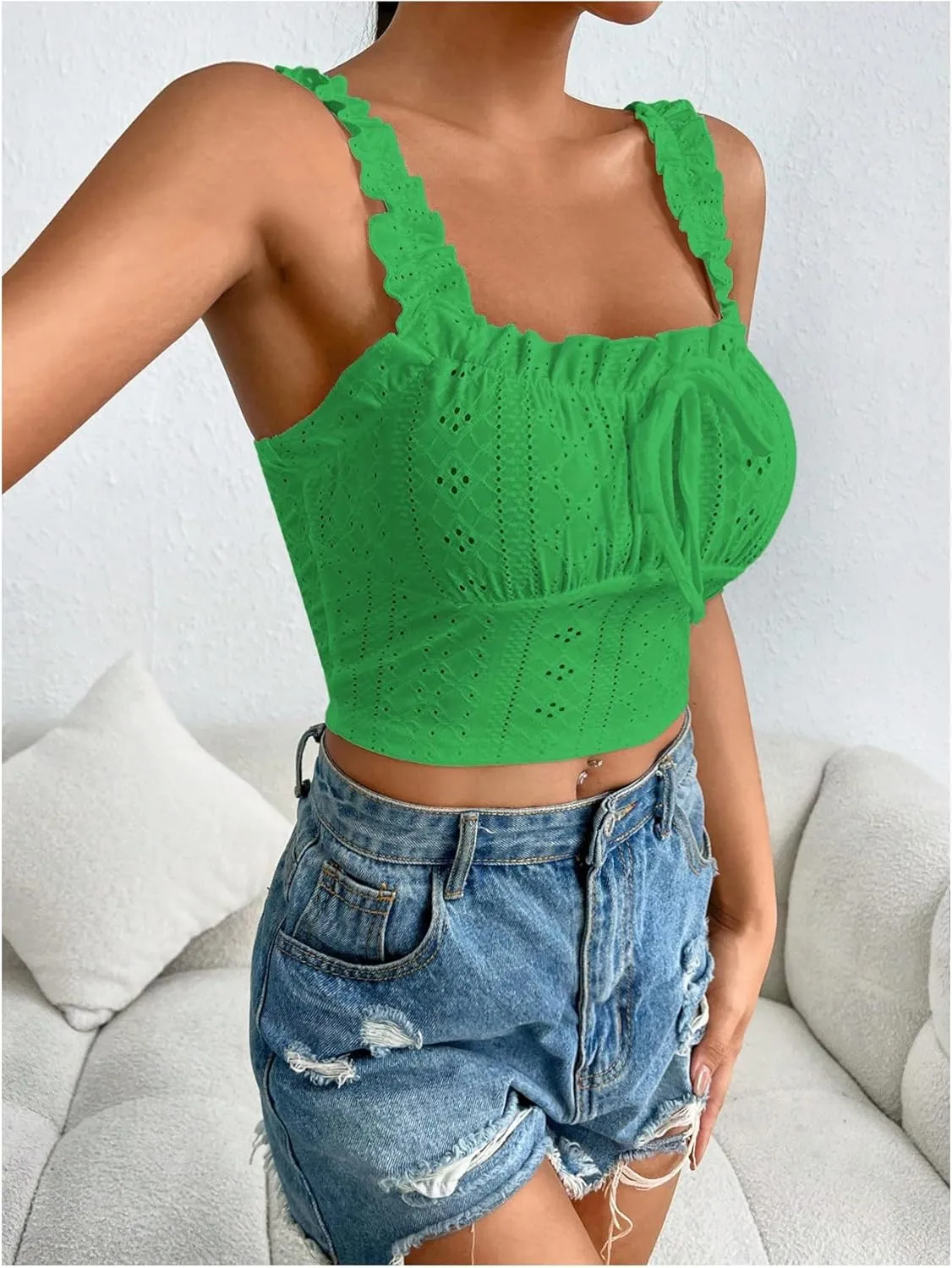 SHENHE Women's Spaghetti Strap Eyelet Embroidery Summer Sleeveless Crop Tank Cute Top