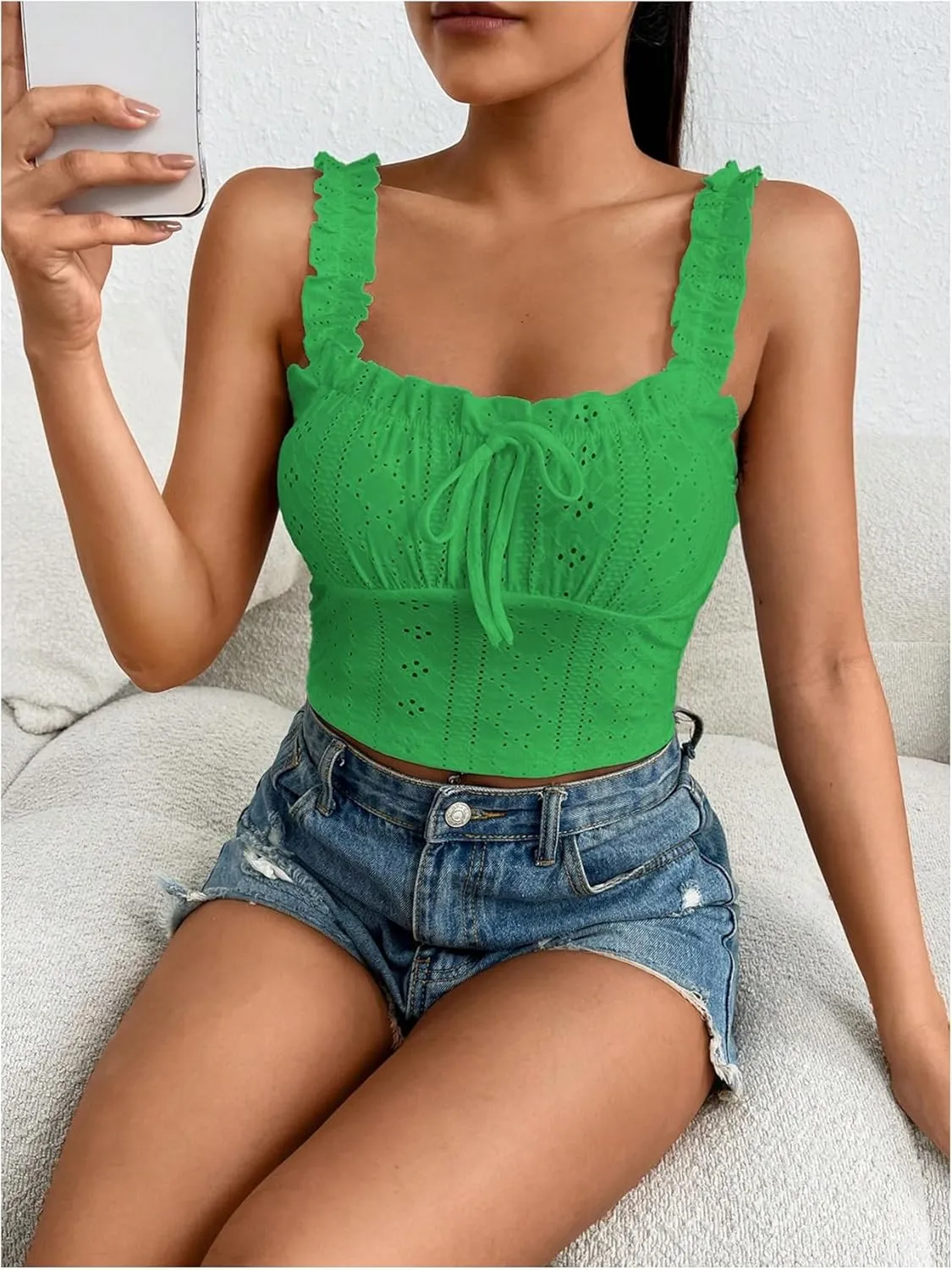 SHENHE Women's Spaghetti Strap Eyelet Embroidery Summer Sleeveless Crop Tank Cute Top