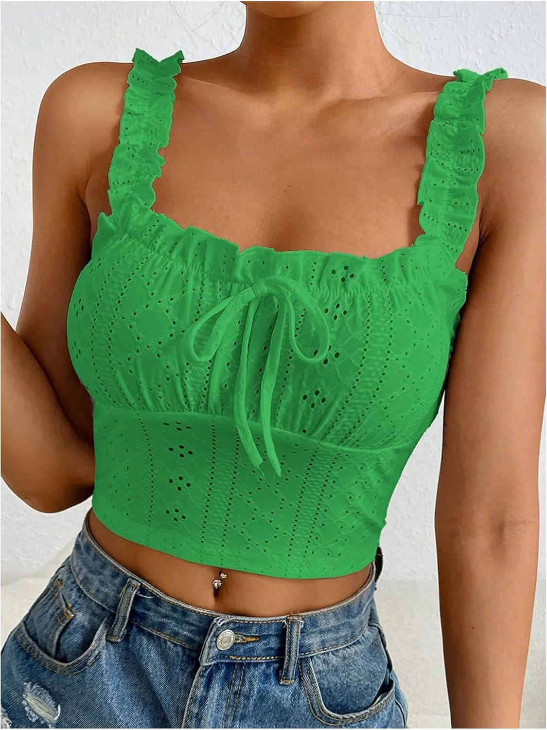SHENHE Women's Spaghetti Strap Eyelet Embroidery Summer Sleeveless Crop Tank Cute Top