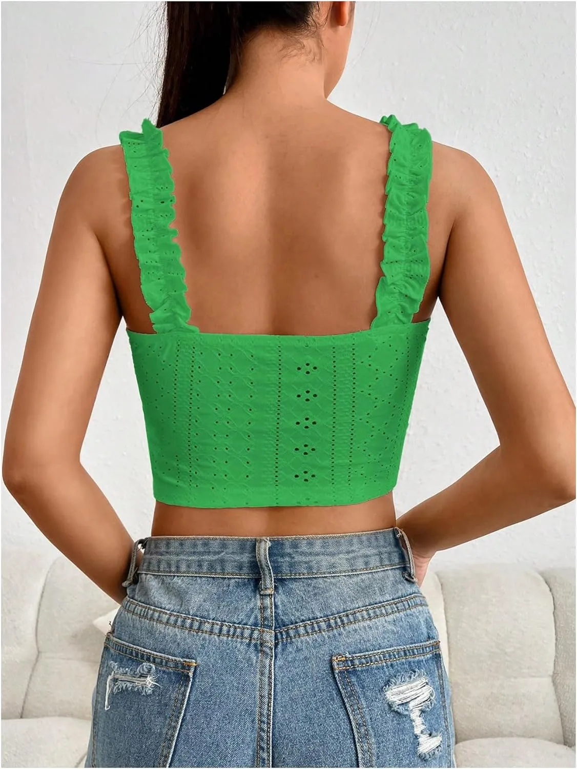 SHENHE Women's Spaghetti Strap Eyelet Embroidery Summer Sleeveless Crop Tank Cute Top