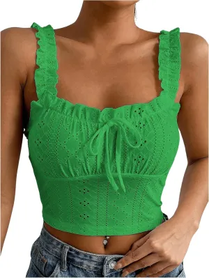 SHENHE Women's Spaghetti Strap Eyelet Embroidery Summer Sleeveless Crop Tank Cute Top