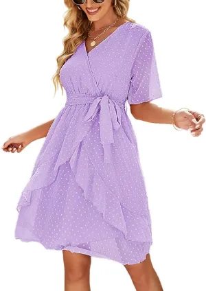 Sherosa Women's Summer V Neck Ruffles Faux Wrap Dress Swiss Dot Tie Belt Short Sleeve Flowy Short Dresses Wedding Guest