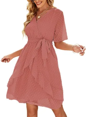Sherosa Women's Summer V Neck Ruffles Faux Wrap Dress Swiss Dot Tie Belt Short Sleeve Flowy Short Dresses Wedding Guest