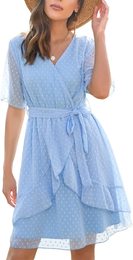 Sherosa Women's Summer V Neck Ruffles Faux Wrap Dress Swiss Dot Tie Belt Short Sleeve Flowy Short Dresses Wedding Guest