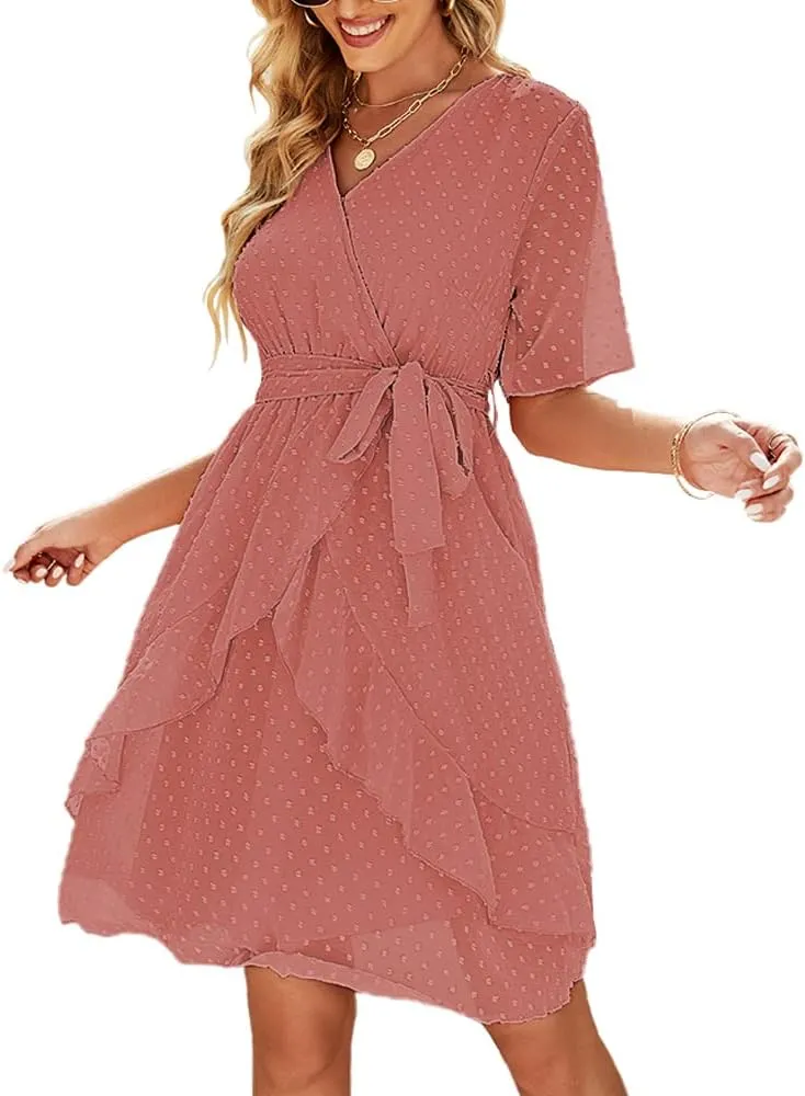 Sherosa Women's Summer V Neck Ruffles Faux Wrap Dress Swiss Dot Tie Belt Short Sleeve Flowy Short Dresses Wedding Guest