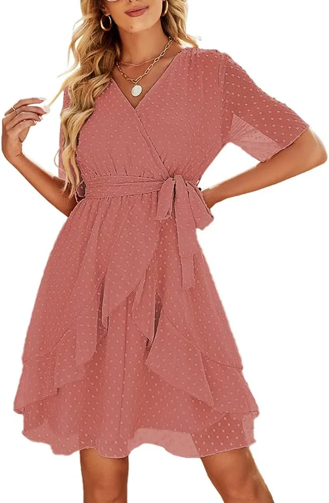 Sherosa Women's Summer V Neck Ruffles Faux Wrap Dress Swiss Dot Tie Belt Short Sleeve Flowy Short Dresses Wedding Guest