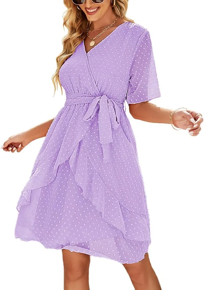 Sherosa Women's Summer V Neck Ruffles Faux Wrap Dress Swiss Dot Tie Belt Short Sleeve Flowy Short Dresses Wedding Guest