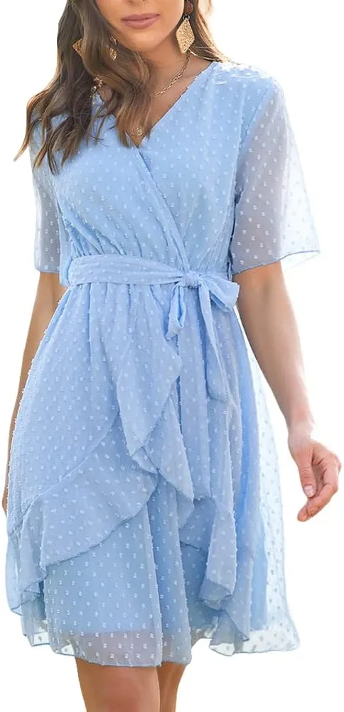 Sherosa Women's Summer V Neck Ruffles Faux Wrap Dress Swiss Dot Tie Belt Short Sleeve Flowy Short Dresses Wedding Guest