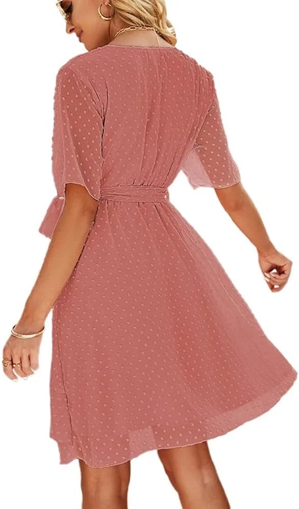 Sherosa Women's Summer V Neck Ruffles Faux Wrap Dress Swiss Dot Tie Belt Short Sleeve Flowy Short Dresses Wedding Guest