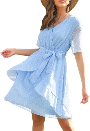 Sherosa Women's Summer V Neck Ruffles Faux Wrap Dress Swiss Dot Tie Belt Short Sleeve Flowy Short Dresses Wedding Guest