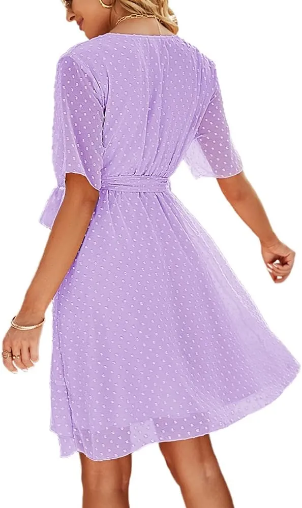Sherosa Women's Summer V Neck Ruffles Faux Wrap Dress Swiss Dot Tie Belt Short Sleeve Flowy Short Dresses Wedding Guest