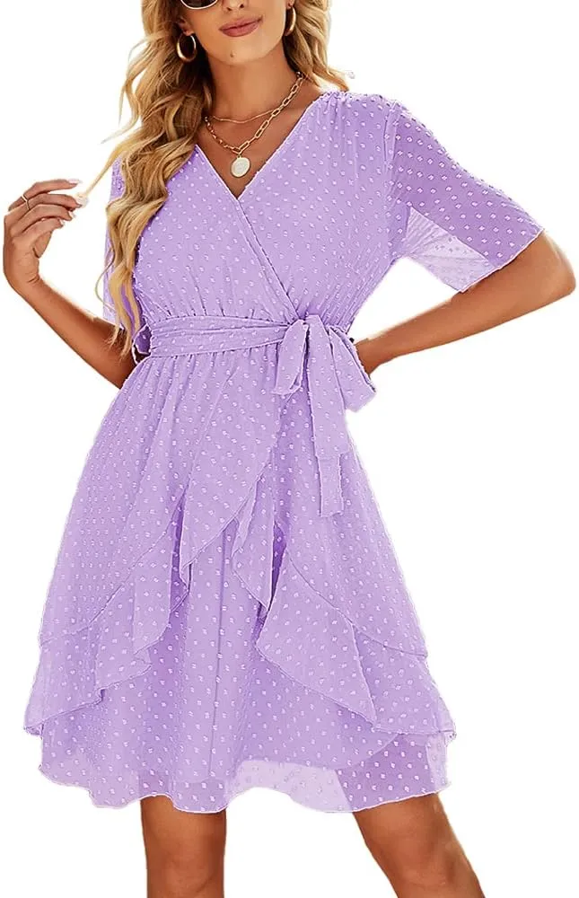 Sherosa Women's Summer V Neck Ruffles Faux Wrap Dress Swiss Dot Tie Belt Short Sleeve Flowy Short Dresses Wedding Guest