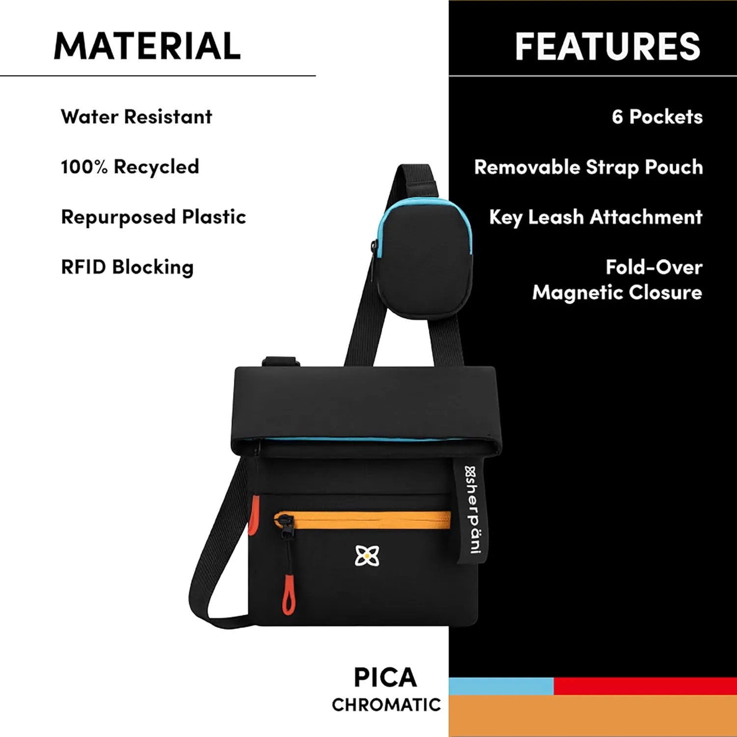 Sherpani Pica, Small Crossbody, Nylon Shoulder Bag, Lightweight 4L Purse for Women, Travel Cross Body Bag with RFID Protection, Removable Coin Purse, Travel Gift for Mothers Day 2025 (Chromatic)