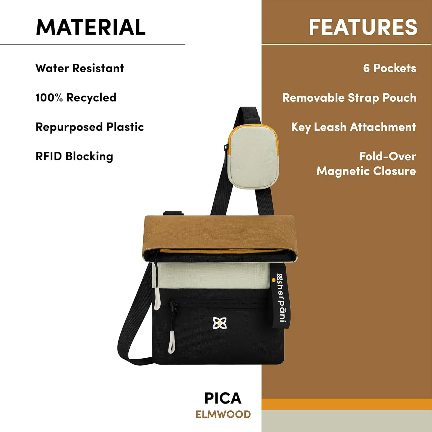 Sherpani Pica, Small Crossbody, Nylon Shoulder Bag, Lightweight 4L Purse for Women, Travel Cross Body Bag with RFID Protection, Removable Coin Purse, Travel Gift for Mothers Day 2025 (Elmwood)
