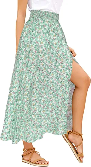 Sinono Women's Boho Floral High Waist Split A Line Full Length Maxi Draped Skirt