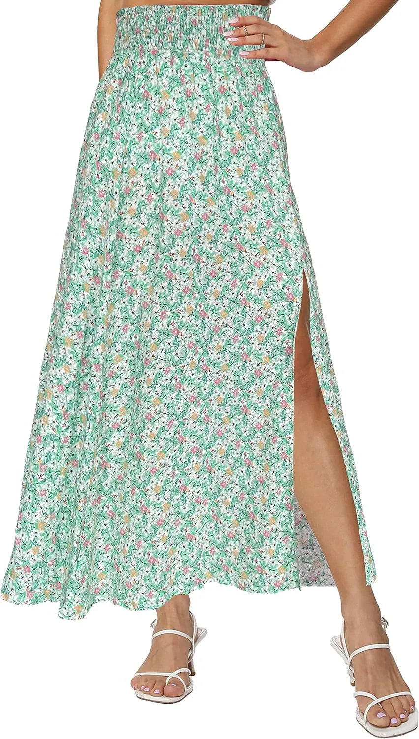 Sinono Women's Boho Floral High Waist Split A Line Full Length Maxi Draped Skirt