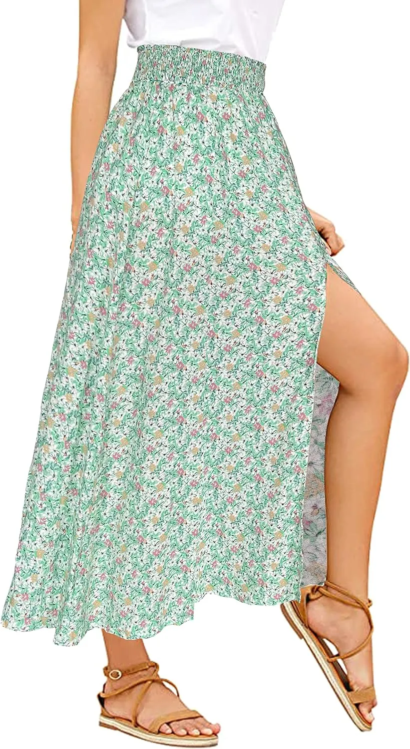 Sinono Women's Boho Floral High Waist Split A Line Full Length Maxi Draped Skirt